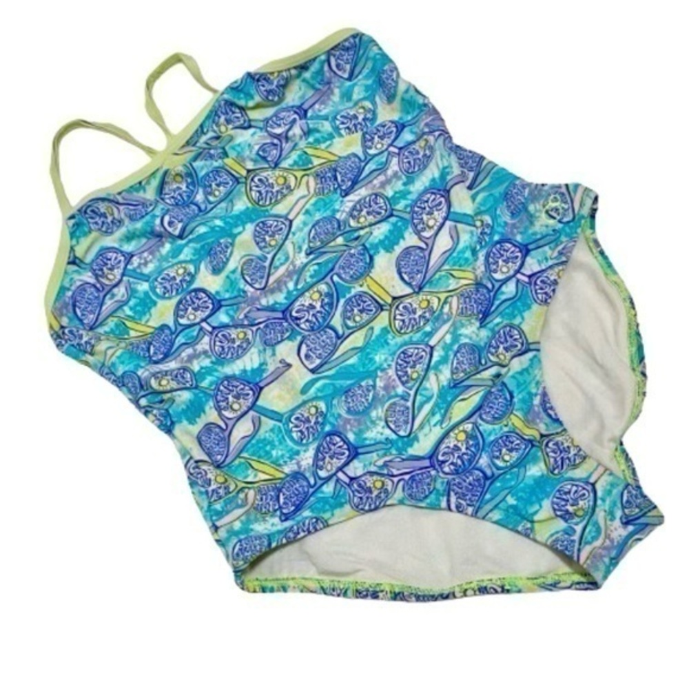 OP one piece swimsuit XL 14-16 teal yellow retro sunglasses print